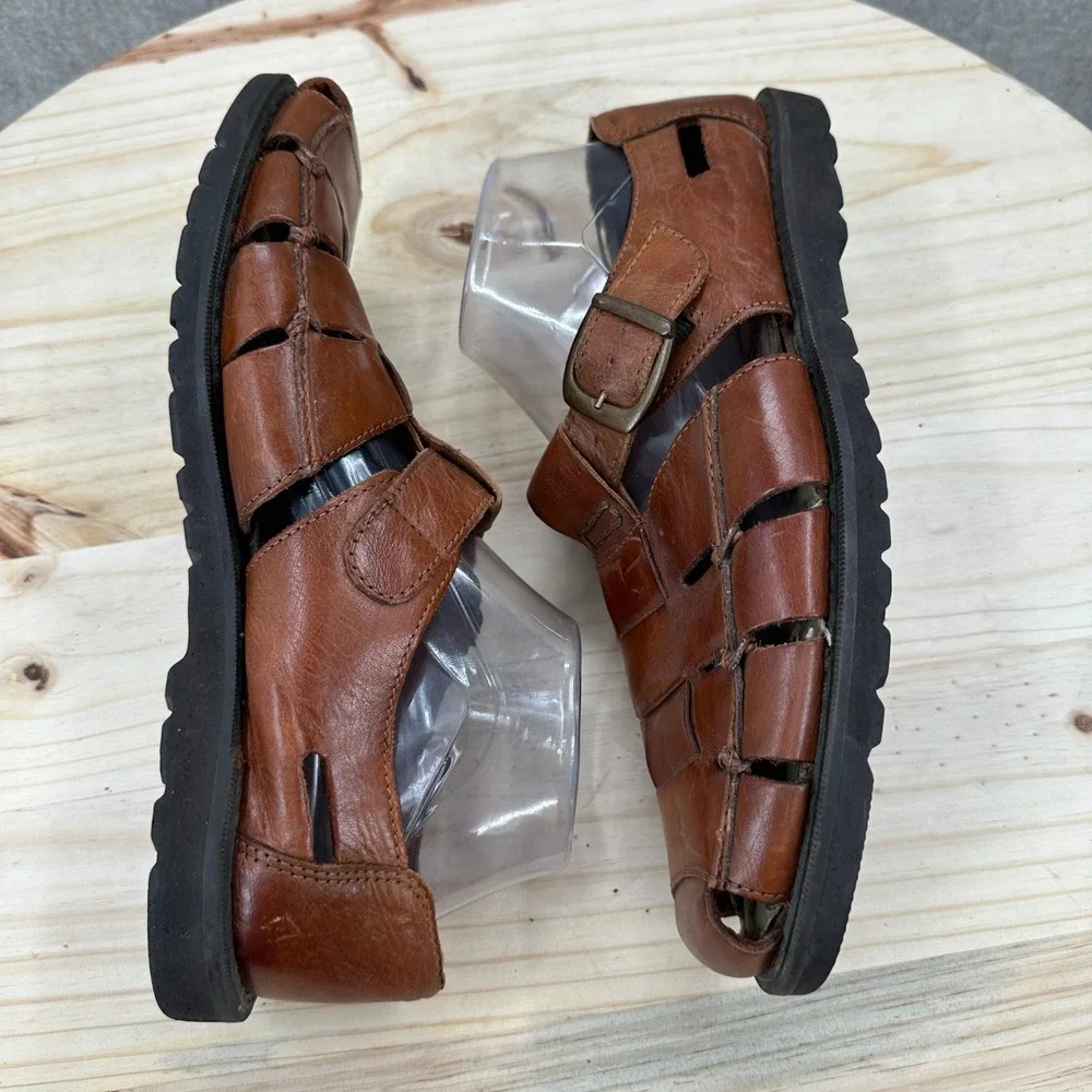 Vintage Fisherman Sandals Mens 8.5 Brown Leather Woven Buckle Strap